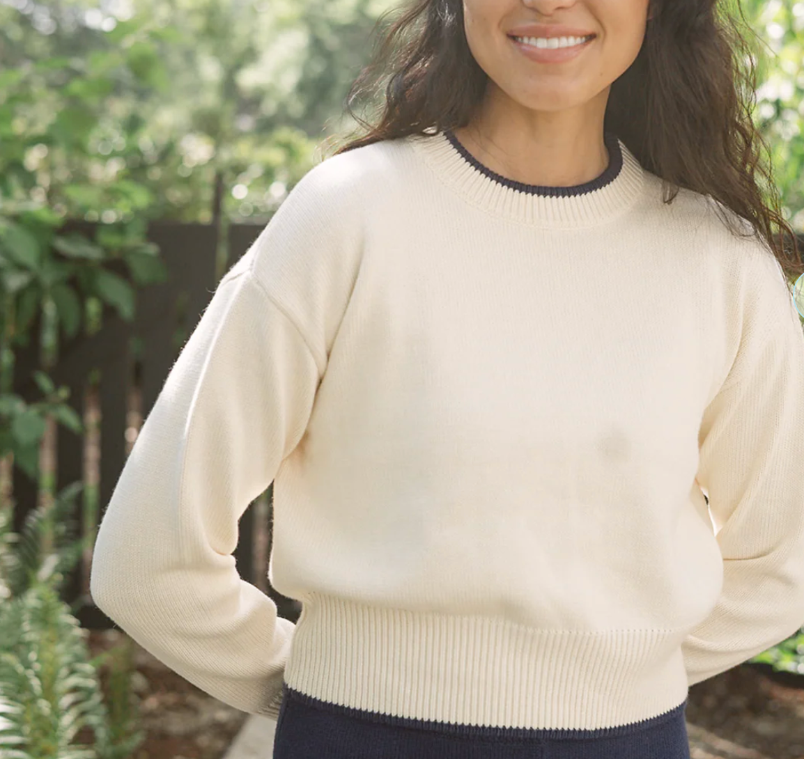 Women's Cream Crewneck Cropped Sweater w/ Navy Trim