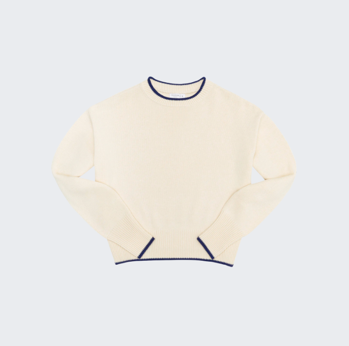 Women's Cream Crewneck Cropped Sweater w/ Navy Trim