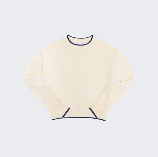 Women's Cream Crewneck Cropped Sweater w/ Navy Trim